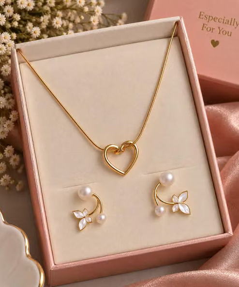 Anti-Tarnish Heart Necklace with Pearl Butterfly Earrings