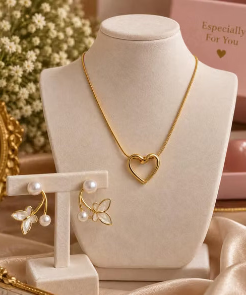 Anti-Tarnish Heart Necklace with Pearl Butterfly Earrings