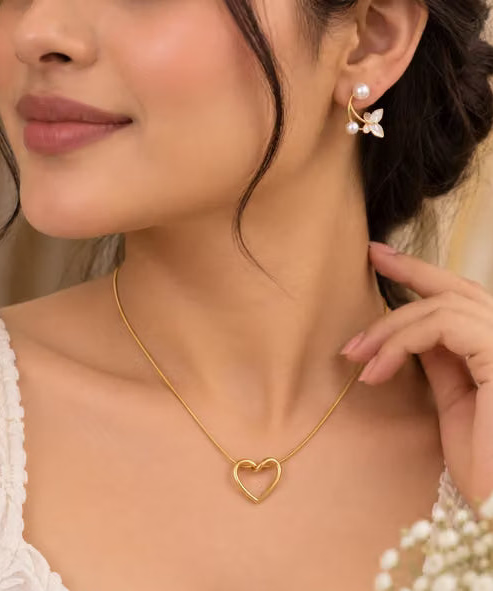 Anti-Tarnish Heart Necklace with Pearl Butterfly Earrings