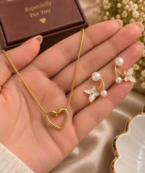 Anti-Tarnish Heart Necklace with Pearl Butterfly Earrings