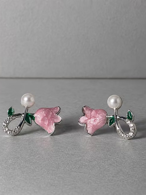 Pink Tulip Pearl Stud Earrings