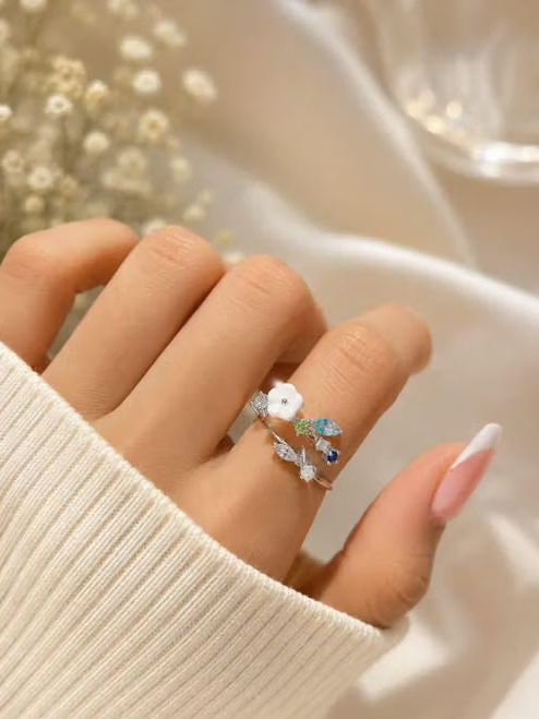 Silver Plated Multicolor Floral Adjustable Finger Ring