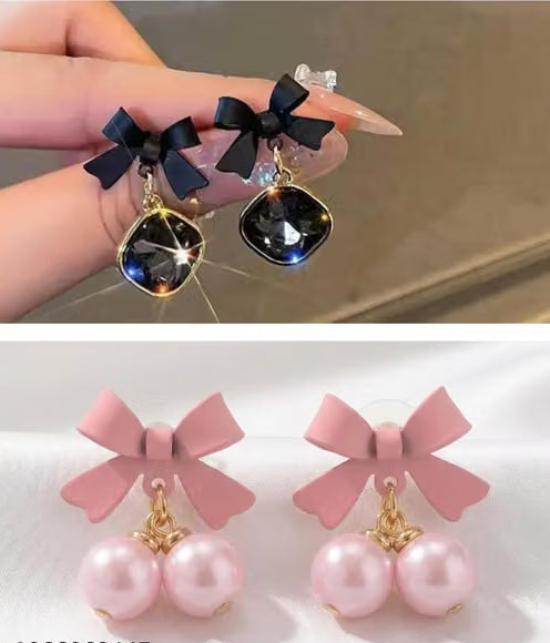 Korean Bow Charm Drop Earrings Combo Set (Pack of 2)