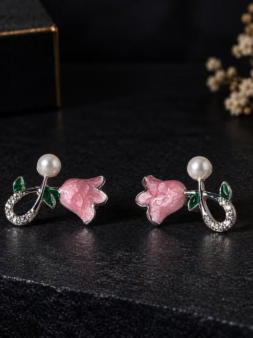 Pink Tulip Pearl Stud Earrings