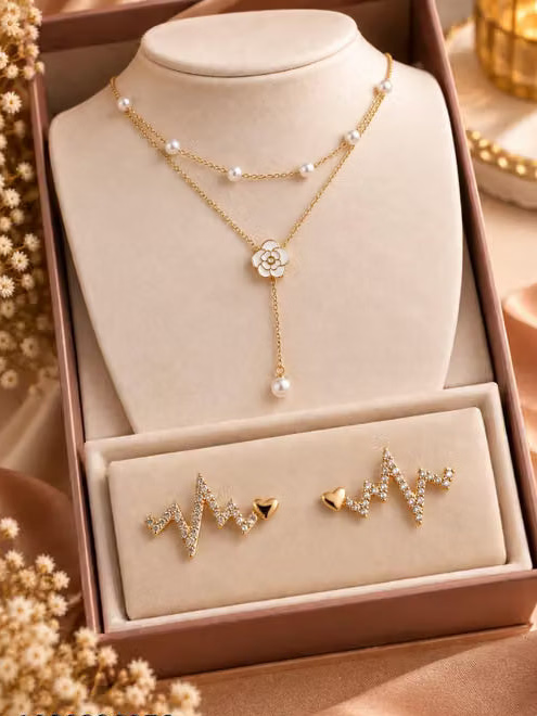 Gold Plated Double Layer Pearl Flower Necklace with Stylish Stud Earrings