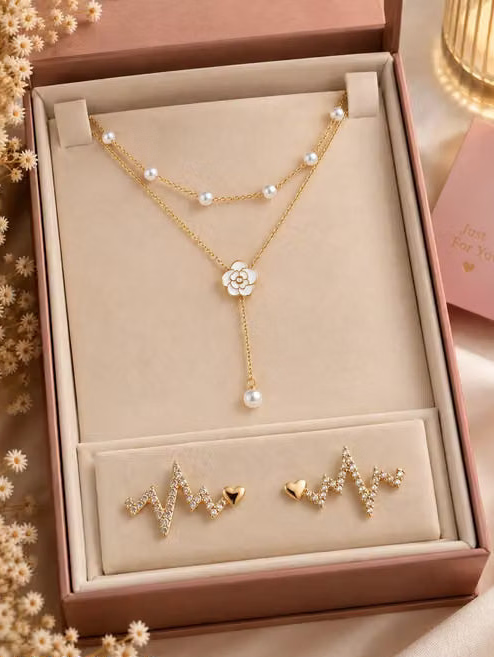 Gold Plated Double Layer Pearl Flower Necklace with Stylish Stud Earrings
