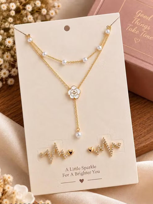 Gold Plated Double Layer Pearl Flower Necklace with Stylish Stud Earrings