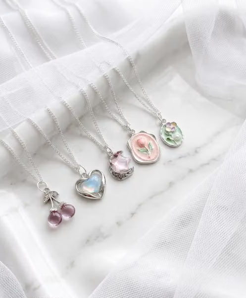 Pack Of 5 Classy Aesthetic Silver AD Charm Pendant Necklace Set For Women And Girls .