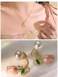 Elegant Pink Tulip Pendant Chain Necklace with Matching Pearl Drop Earrings