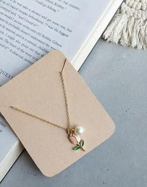 Elegant Pink Tulip Pendant Chain Necklace with Matching Pearl Drop Earrings